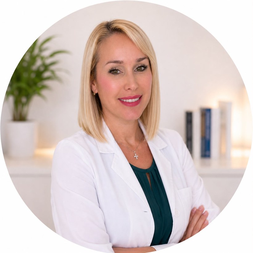 María P. Pérez en bata clínica